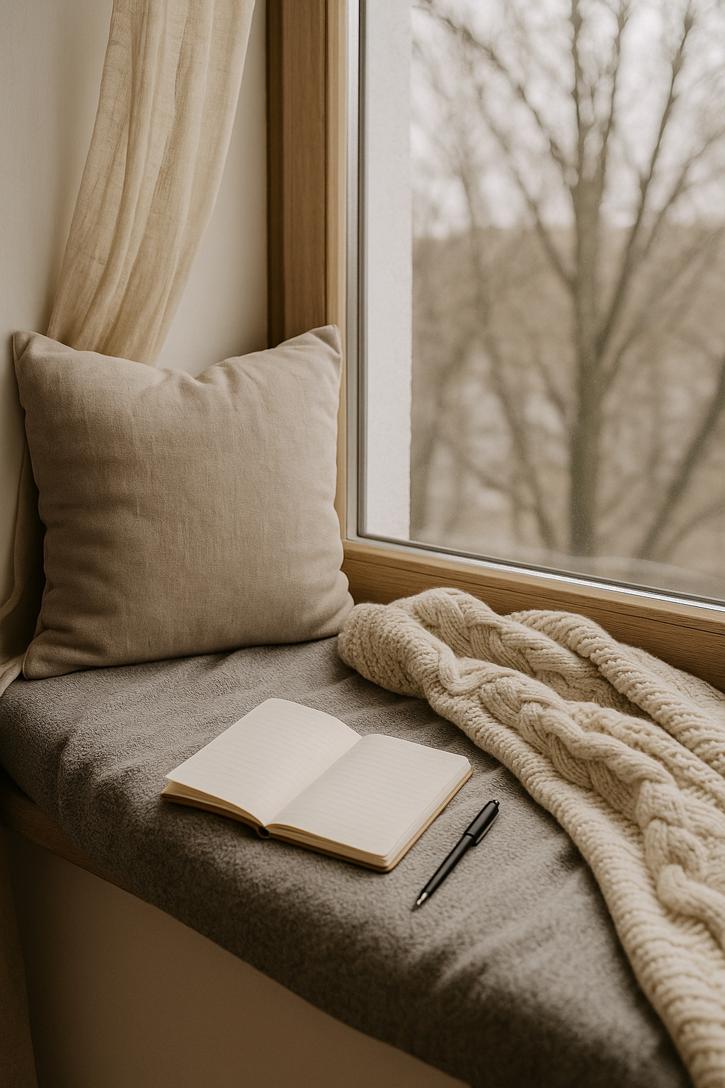 A cozy window seat with a beige pillow, an open notebook, a black pen, and a knit blanket. Bare trees are visible outside through the window.
