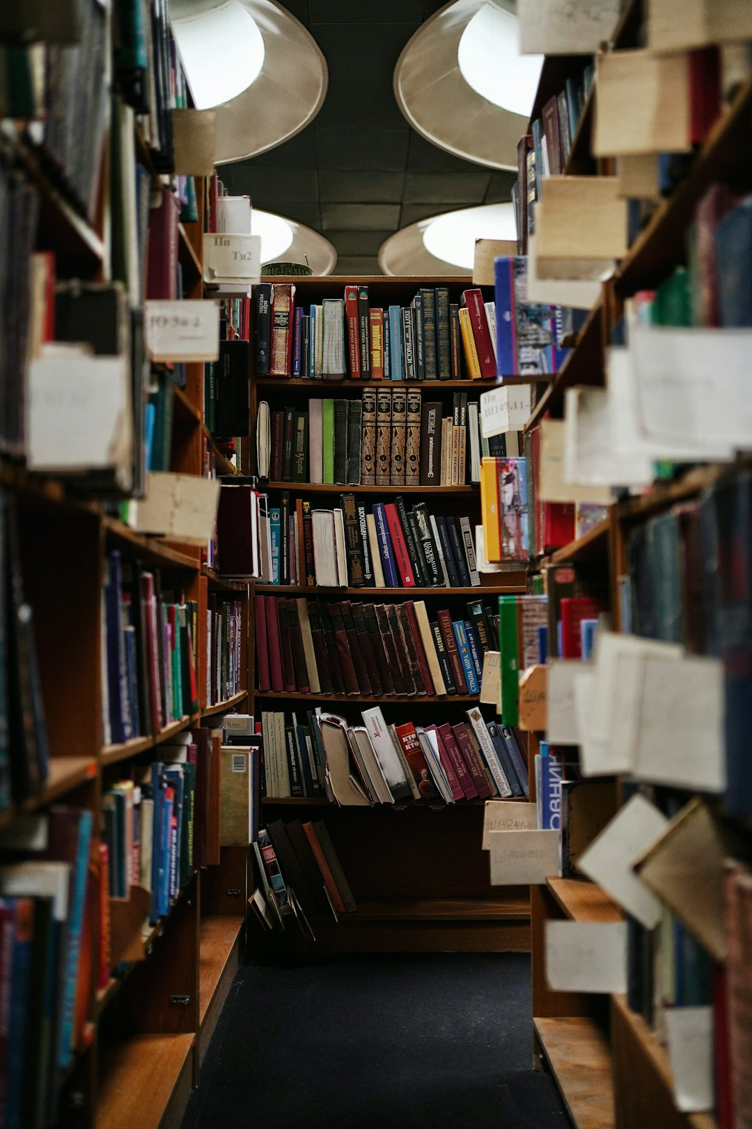 Rows of bookshelves filled with books line a narrow aisle in a library, with overhead lights illuminating the shelves.