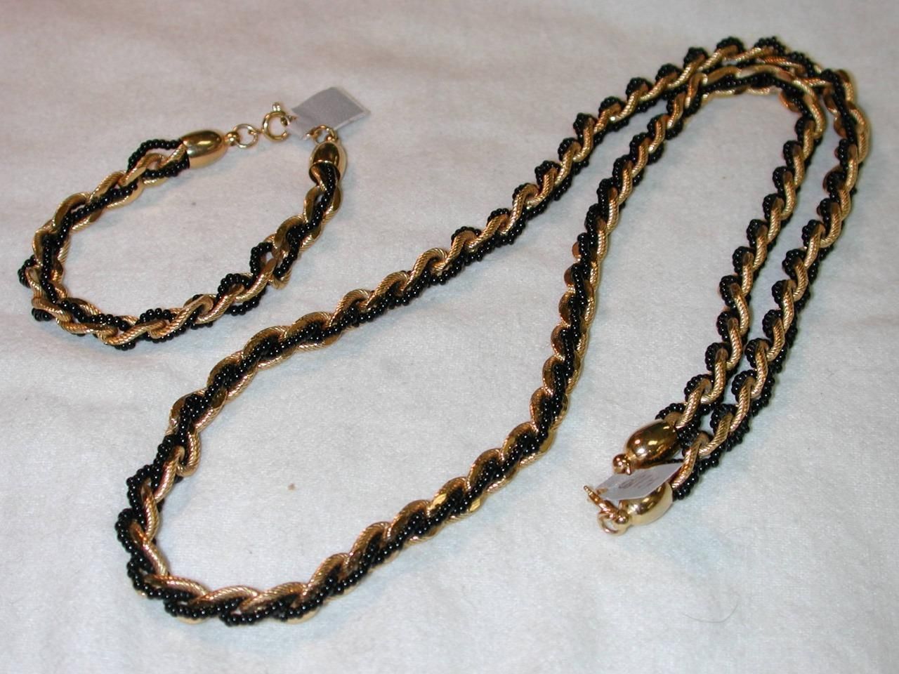 Vintage Trifari Signed Twist Gold Tone Black Cord Rope Chain 18.5 Necklace