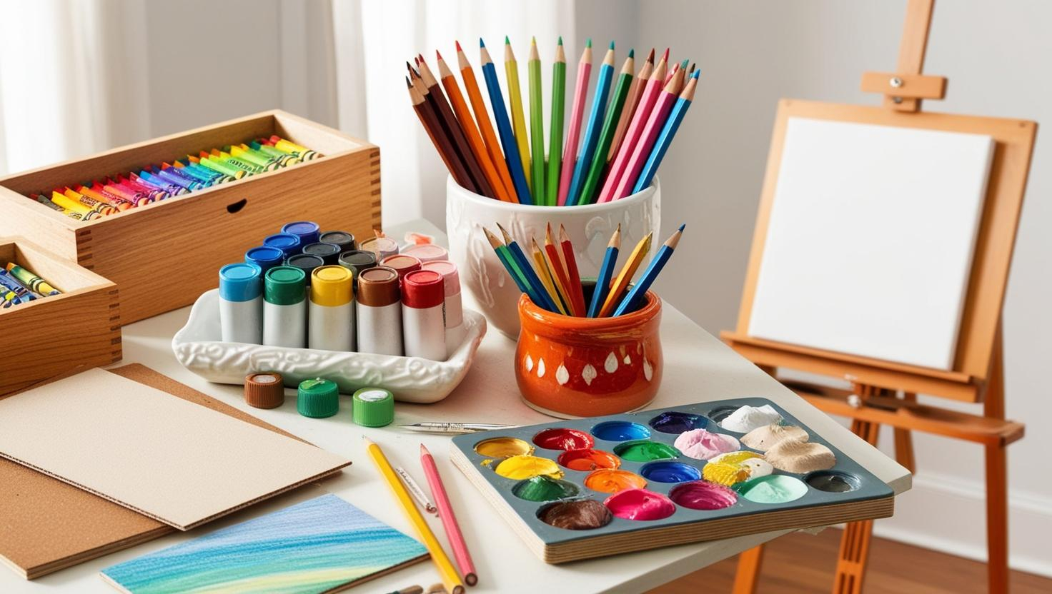 A tabletop displays colored pencils, paintbrushes, paints, pastels, paper, and an empty easel, arranged neatly in a well-lit room.