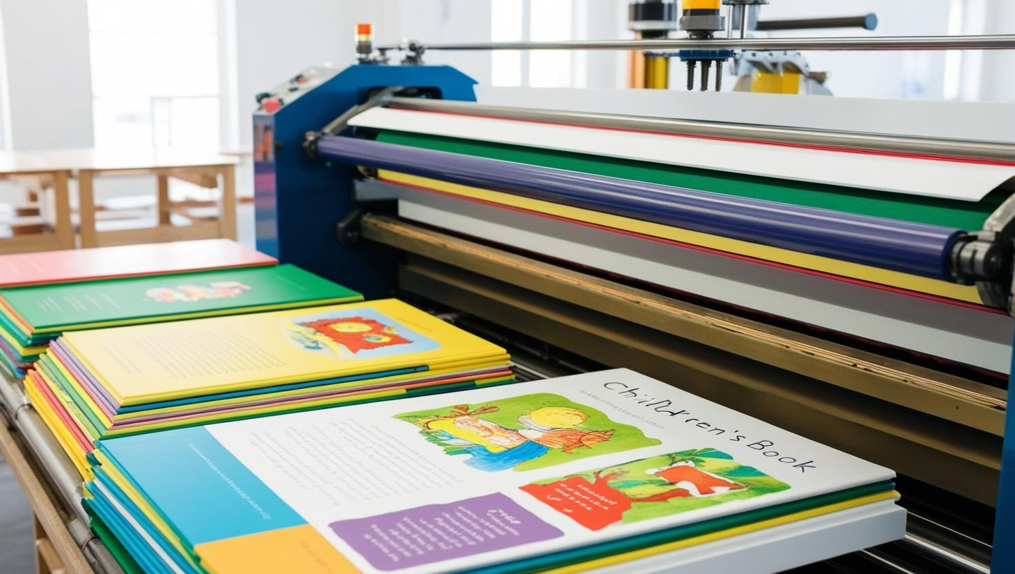 A printing press produces colorful children's books, with completed books stacked beside the machine in a well-lit room.