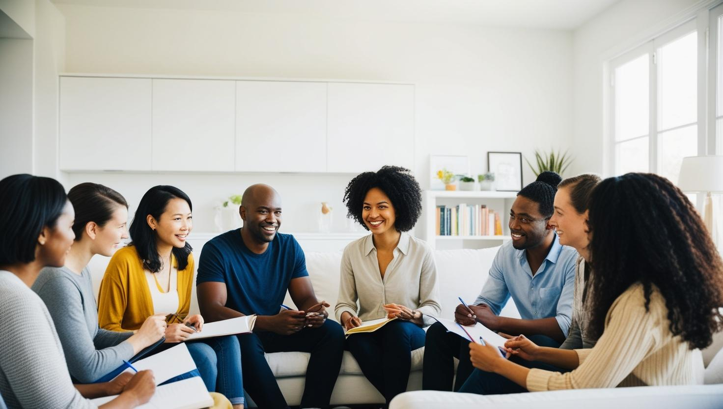 A group of adults sit in a circle on couches in a bright room, smiling and holding notepads, engaged in a discussion.