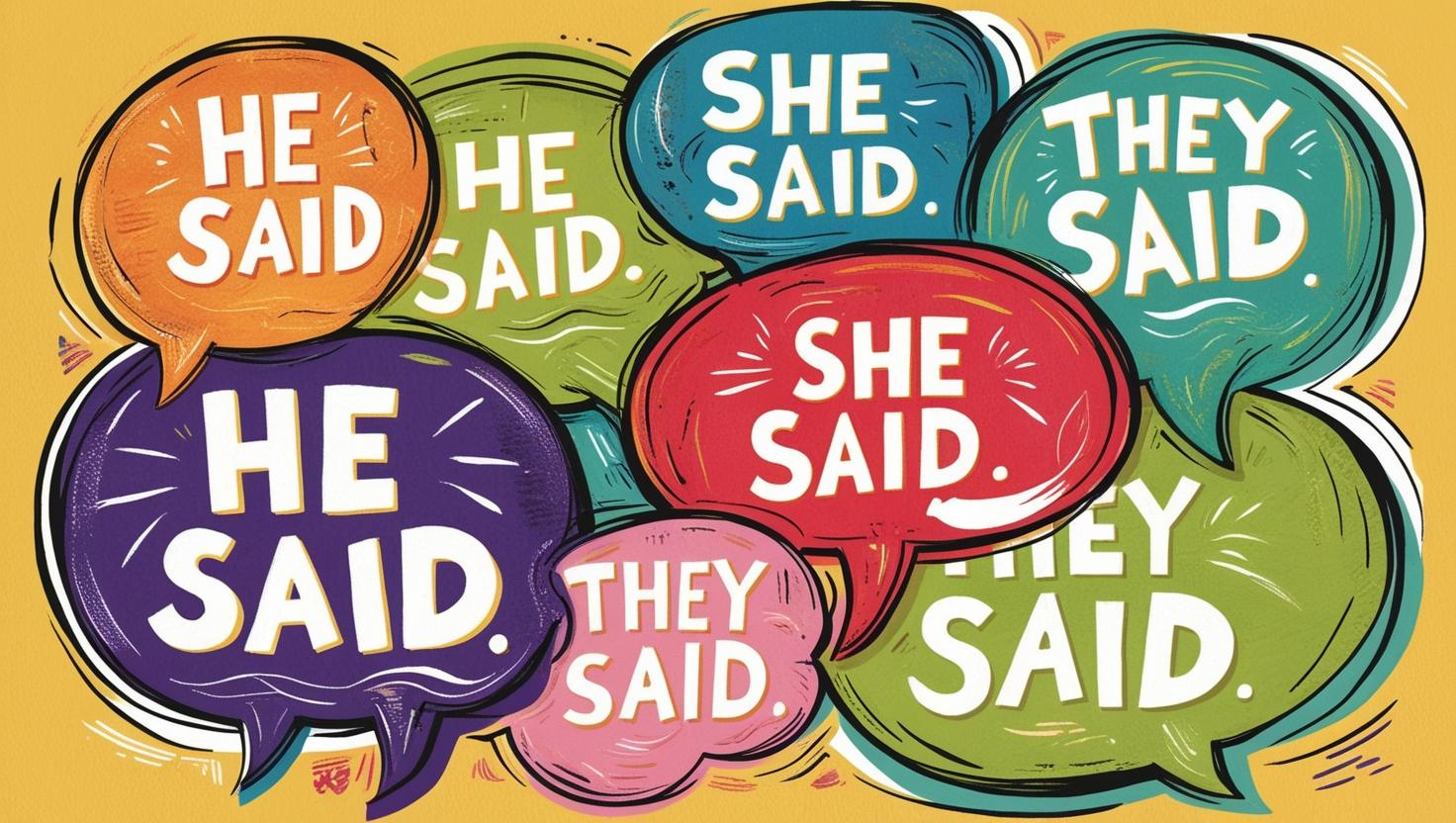 Colorful speech bubbles with the words "HE SAID," "SHE SAID," and "THEY SAID" in bold, overlapping on a yellow background.