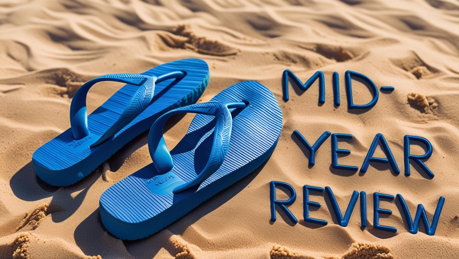A pair of blue flip-flops on sandy ground next to text that reads "MID-YEAR REVIEW" shaped in the sand.