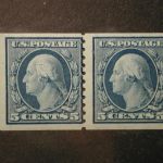 1914 - Blue Pair George Washington 5 Cent Stamp US #447 never hinged