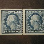 1914 - Blue Pair George Washington 5 Cent Stamp US #447 never hinged