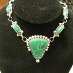 Carved Green Malachite Taxco CMB Mexico Sterling Necklace
