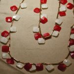 Dramatic 1960’s Long 54″ Red & White dangling Square Octagonal Plastic & Goldtone Necklace