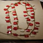 Dramatic 1960’s Long 54″ Red & White dangling Square Octagonal Plastic & Goldtone Necklace