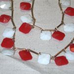 Dramatic 1960’s Long 54″ Red & White dangling Square Octagonal Plastic & Goldtone Necklace
