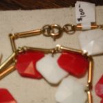 Dramatic 1960’s Long 54″ Red & White dangling Square Octagonal Plastic & Goldtone Necklace