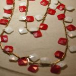 Dramatic 1960’s Long 54″ Red & White dangling Square Octagonal Plastic & Goldtone Necklace