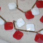 Dramatic 1960’s Long 54″ Red & White dangling Square Octagonal Plastic & Goldtone Necklace