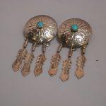 Long Turquoise Feather Disc dangling earrings 2 1/4″