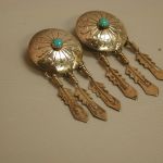 Long Turquoise Feather Disc dangling earrings 2 1/4″