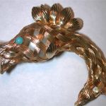 Fish braided woven chatelaine 2 1/2" Pin Pearl Body turquoise eye 11" chain