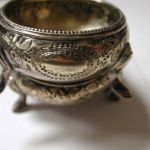 Sterling floral repousse milgrain rim beeded 3 legs goldwash salt cellar no mono