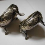 Sterling floral repousse milgrain rim beeded 3 legs goldwash salt cellar no mono