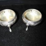 Sterling floral repousse milgrain rim beeded 3 legs goldwash salt cellar no mono
