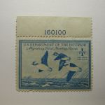 US Department of Interior Scott #RW15 $1 Buffleheads Ducks in Flight 1948, MNH/ Gum Skips on Plate # - Plate Single #160100