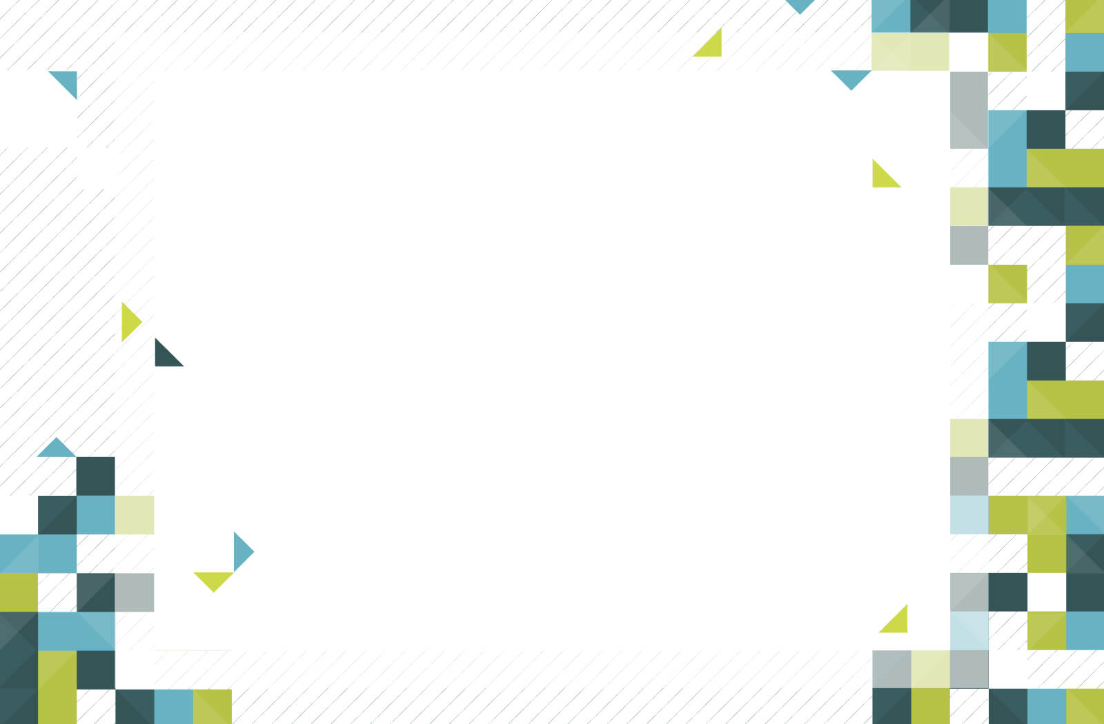Geometric pattern with blue, green, and yellow triangular shapes along the top right and bottom left corners on a white background.