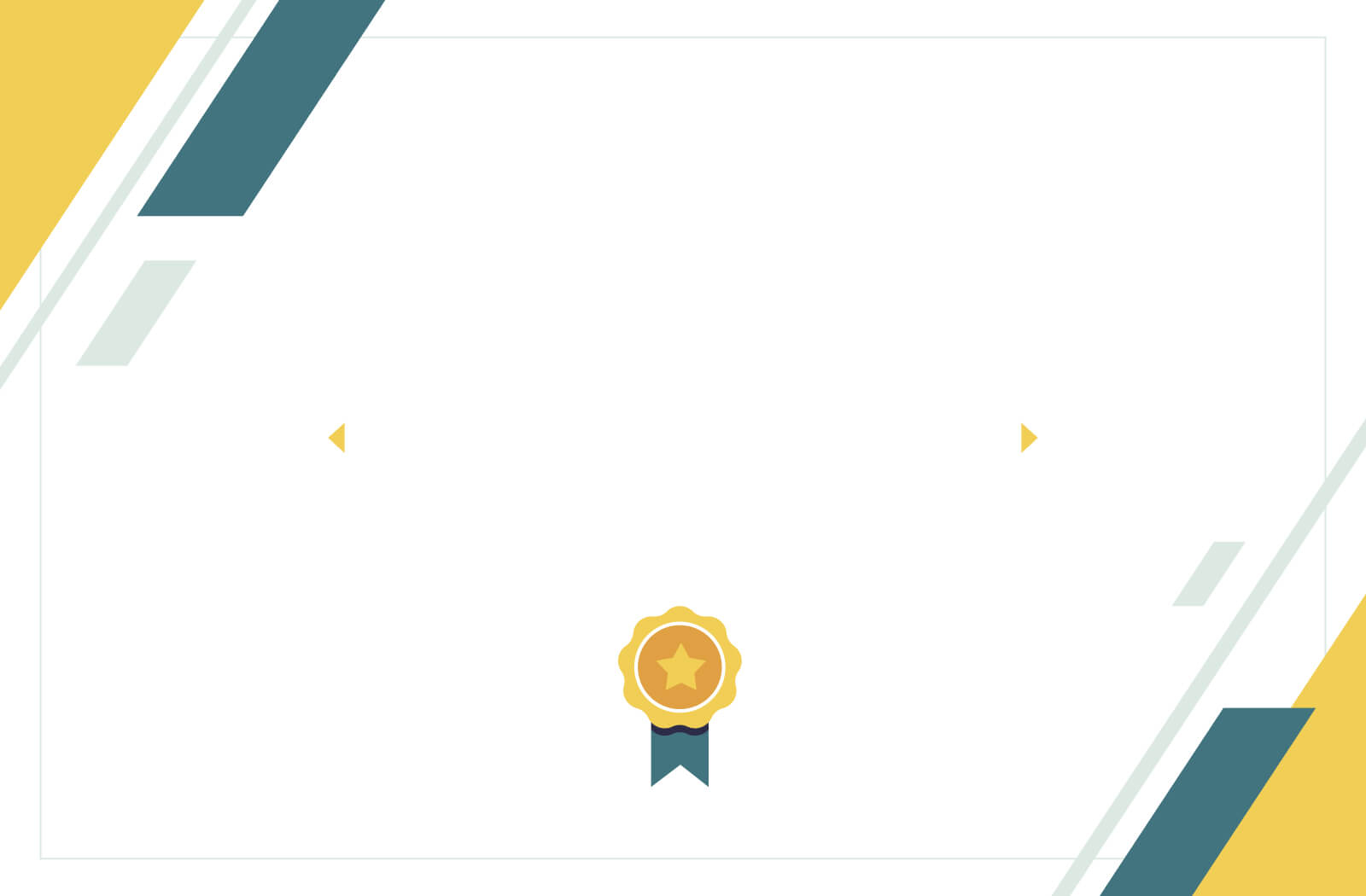 A minimalist design featuring a gold award ribbon with a star in the center at the bottom. Geometric shapes in blue and yellow are positioned at the corners.