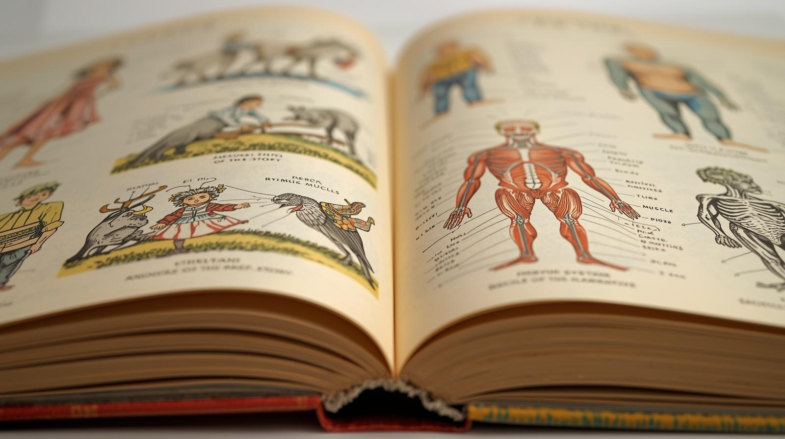 An open illustrated book showing diagrams of animals and the human muscular system with labeled parts.