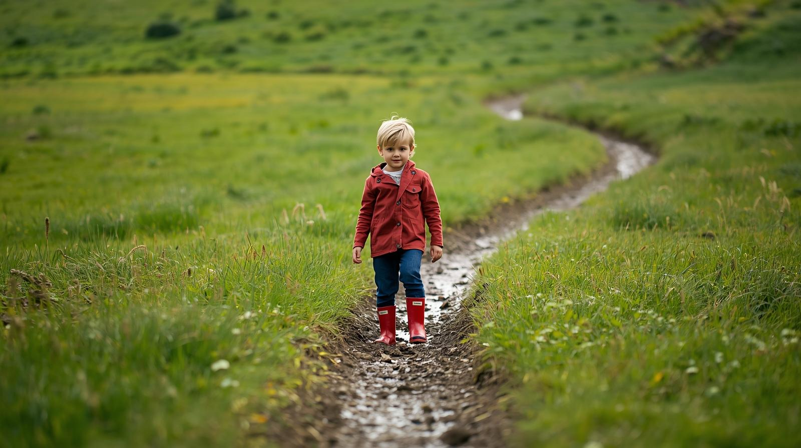 A young child wearing a red jacket and red boots walks alone on a muddy path through a green grassy field.