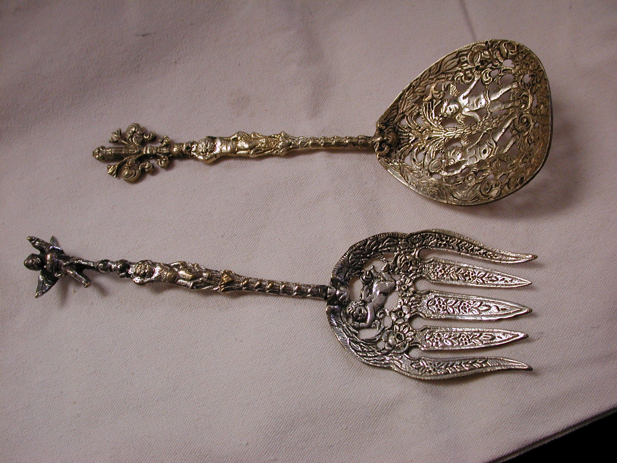 Sold Vintage Italy Montagnani Ornate Brass PC Fork and Spoon Serving Set with Vase