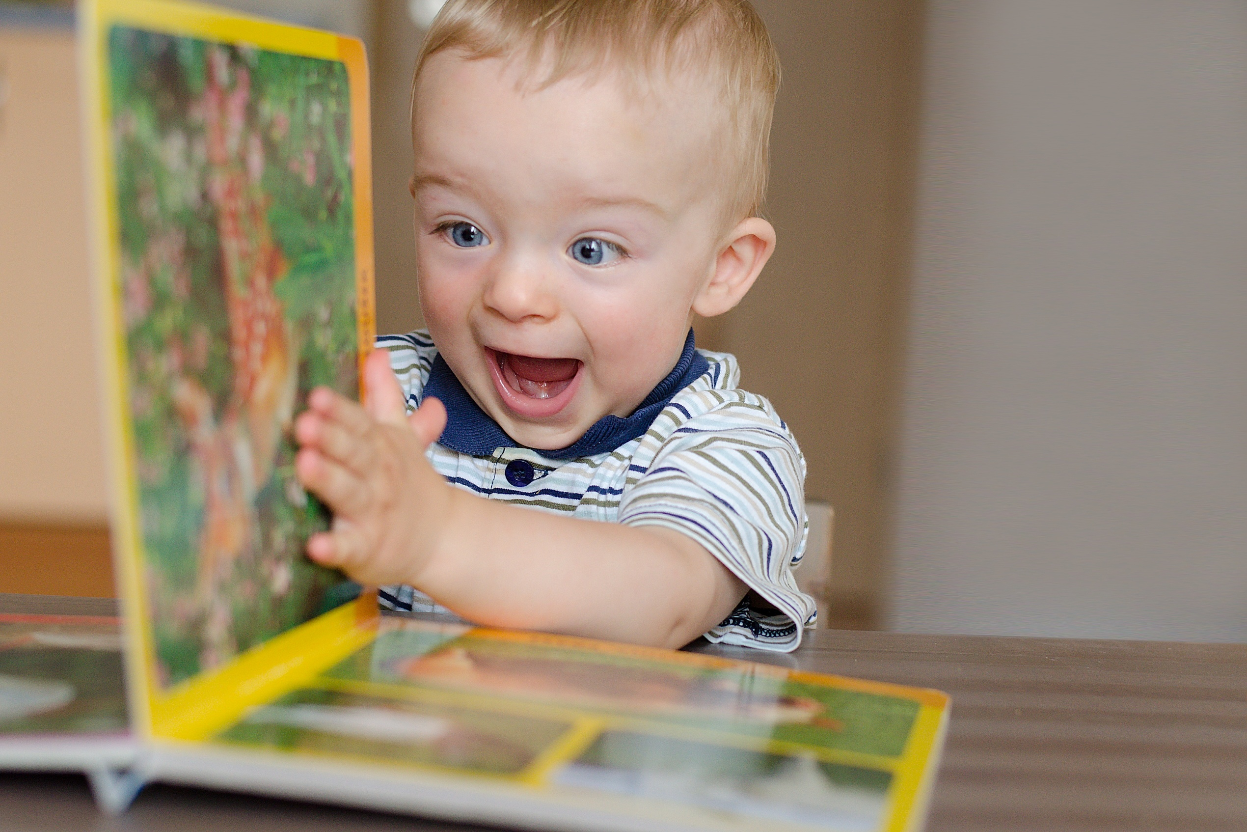 A baby with blonde hair and blue eyes sits at a table, smiling excitedly while looking at and touching a colorful picture book.