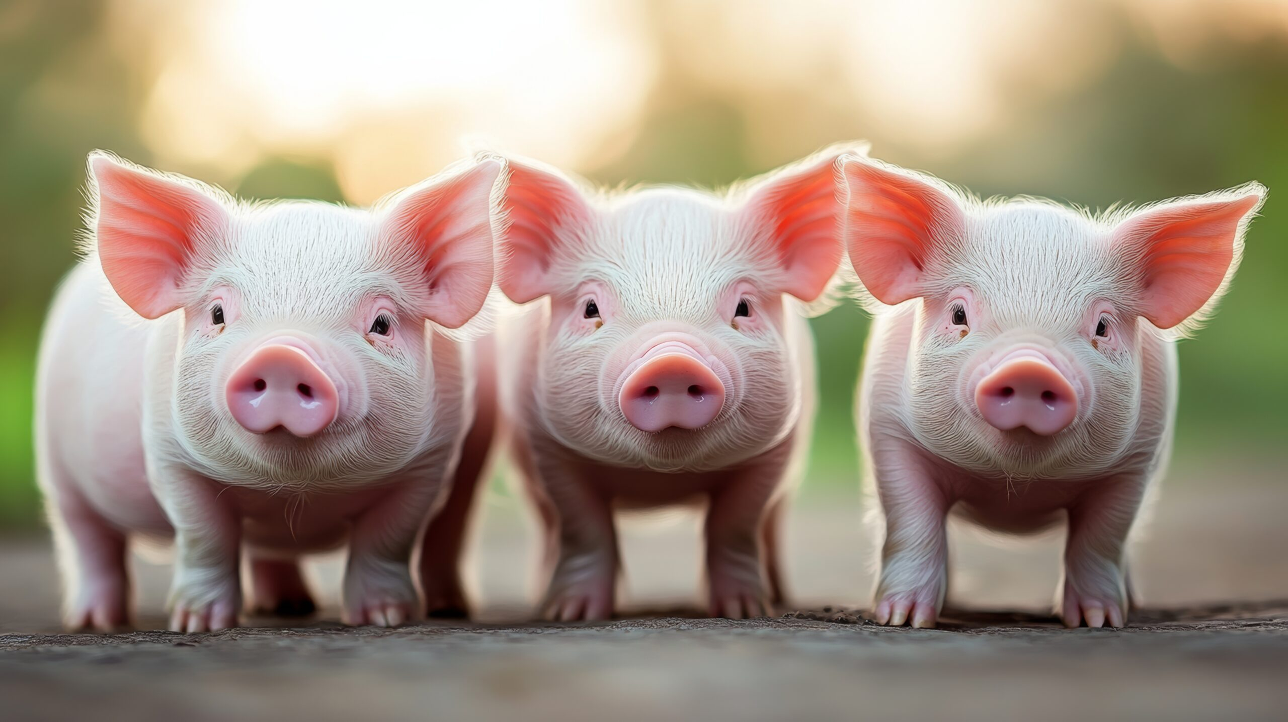 Three pink piglets stand side by side on a blurred outdoor background, facing the camera with their ears perked up.