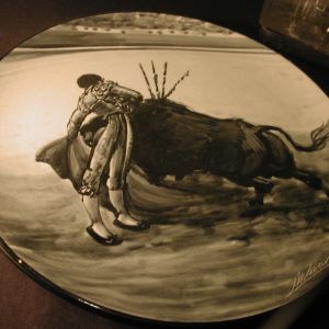 Matador round painting Stoneware 14inch plate L. M. Marco Black gray cream