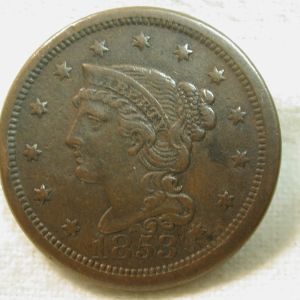 1853 U.S. Large Cent Modified Portrait Braided Hair (Environmental Damage) Extremely Fine