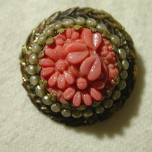 Antique button brooch faux coral seed pearl