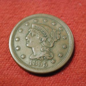 1855 Upright 5's U.S Large Cent Braided Hair Extra Fine