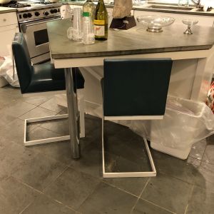 Brueton pair custom Kitchen stools Teal Spinnybeck leather and white bases