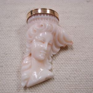 14KT gold capped Carved Peach Coral Cameo Pendant 18 x 40mm