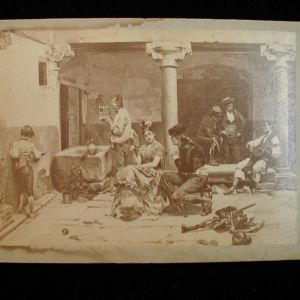 Cabinet Card Lobby Scene in Daily life flirting working rifles late 1890's