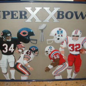 Superbowl XX 1986 Chicago Bears vs New England Patriots original Jeff Sellers art