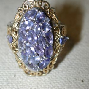 Tanzanite two tone ring 21 stones 3+ carats Sterling Gold Vermeil Filigree size 7