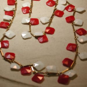 Dramatic 1960's Long 54" Red & White dangling Square Octagonal Plastic & Goldtone Necklace