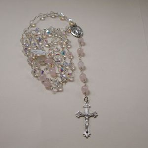 Sterling silver handmade Rosary 43" Rose Quartz & crystal bead Necklace