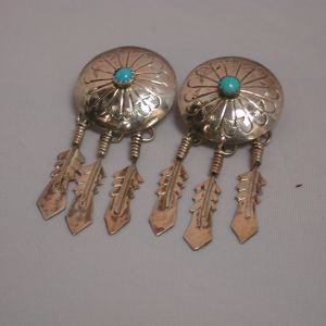 Long Turquoise Feather Disc dangling earrings 2 1/4"
