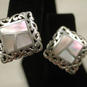 Lois Hill Sterling Mother of Pearl Square Filigree Clip earrings