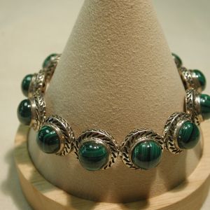 10mm round domed Malachite Sterling Bracelet 7 1/2 inches