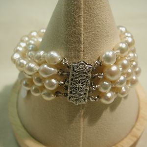 14KT white gold Baroque Pearl  4 strand Bracelet filigree clasp  7 inches