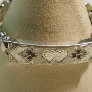 Sterling top flex vintage ID bracelet 2 hearts 5-7inches 10mm wide