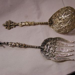 Lot 2 Putti Cherub Angels Repousse Italy serving spoon and fork  goldwash