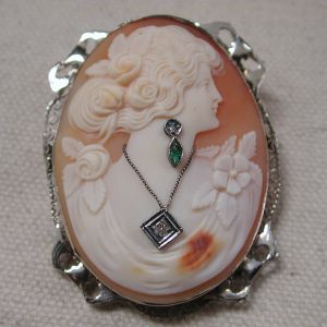 14KT Victorian Cameo diamond & emerald earring & necklace 38 x 48mm