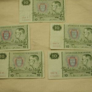 Sweden 1966 Ten Kronor Currency - lot of 5 - crisp circulated